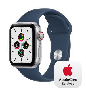 Apple Watch SE LTE 40mm,銀色鋁金屬錶殼搭配深邃藍色運動型錶帶